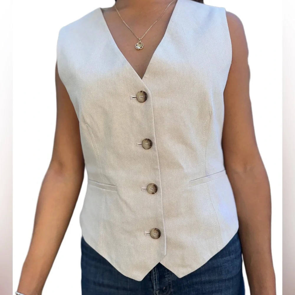 Top Shop Textured Button Up Vest in Cream Women’s Size 8 - Picture 2 of 5